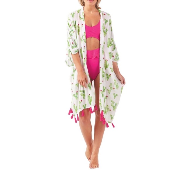 Mud Pie Other - Mud Pie Caitlin Tassel Kimono Cactus Lime Green Pink Beach Cover Up